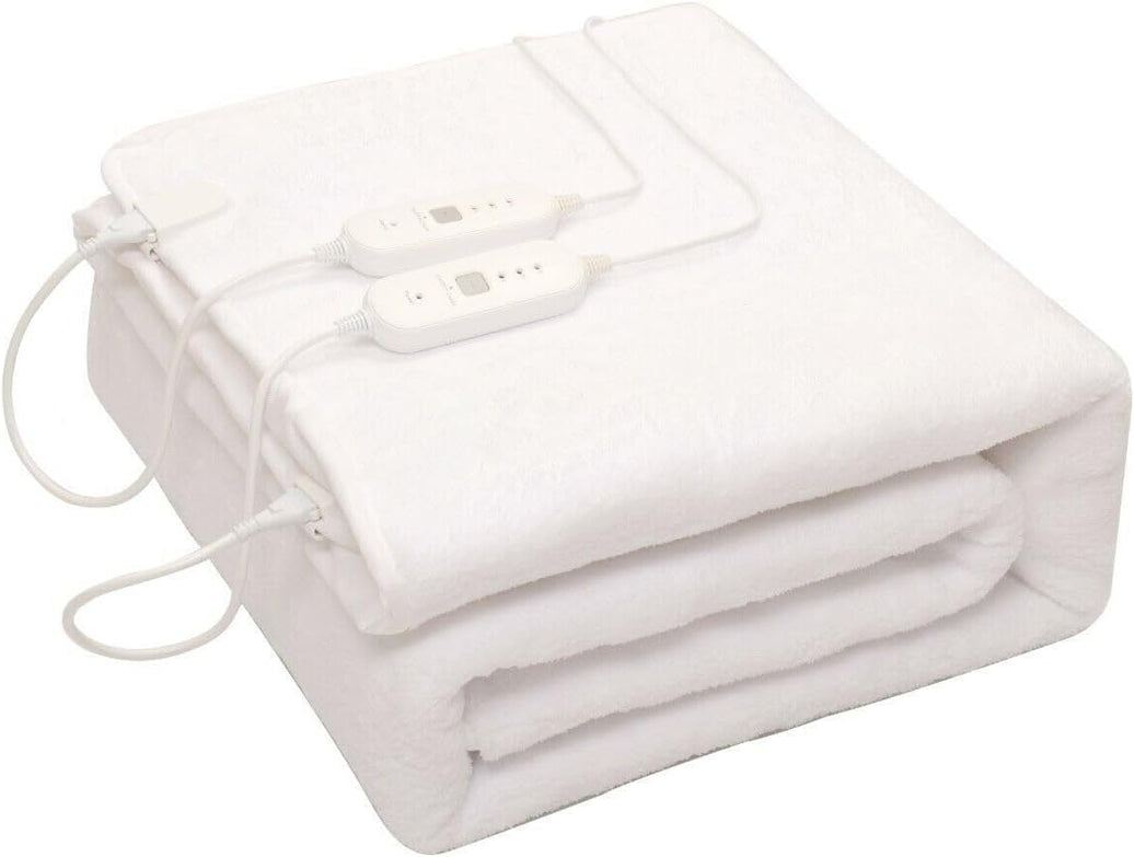 GROZY White Electric Blanket Double Sides Fleece Warm Soft Heated Under Pad Fully Fitted, Overheat Protection Adjustable 3 Heat Settings Detachable Controller Single Double Queen