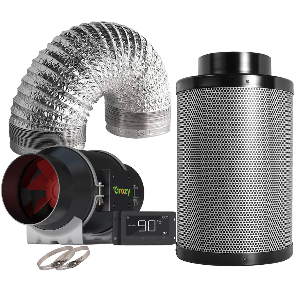 GROZY 6"/150mm Inline Fan with Touch Screen THC Controller Carbon Filter Duct Ventilation Kit