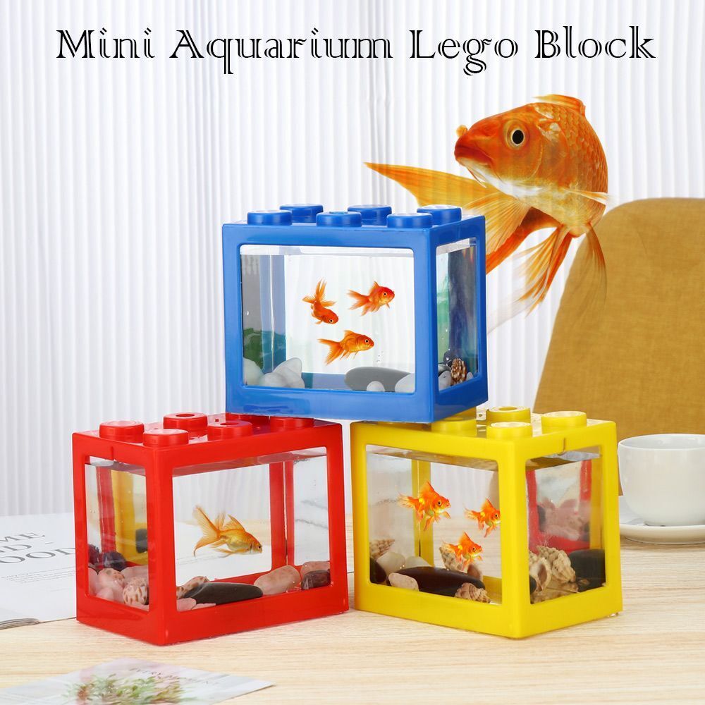 1L Mini Aquarium Lego Block Desktop Small Clear Betta Fish Tank LED Light Office