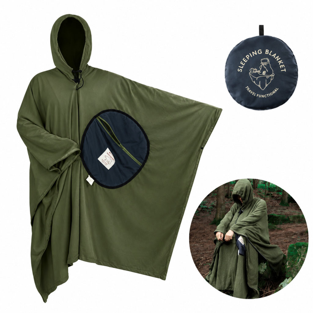 4in1 Outdoor Camping Hiking Poncho Coat Sleeping Bag Stadium Fleece Warm Blanket