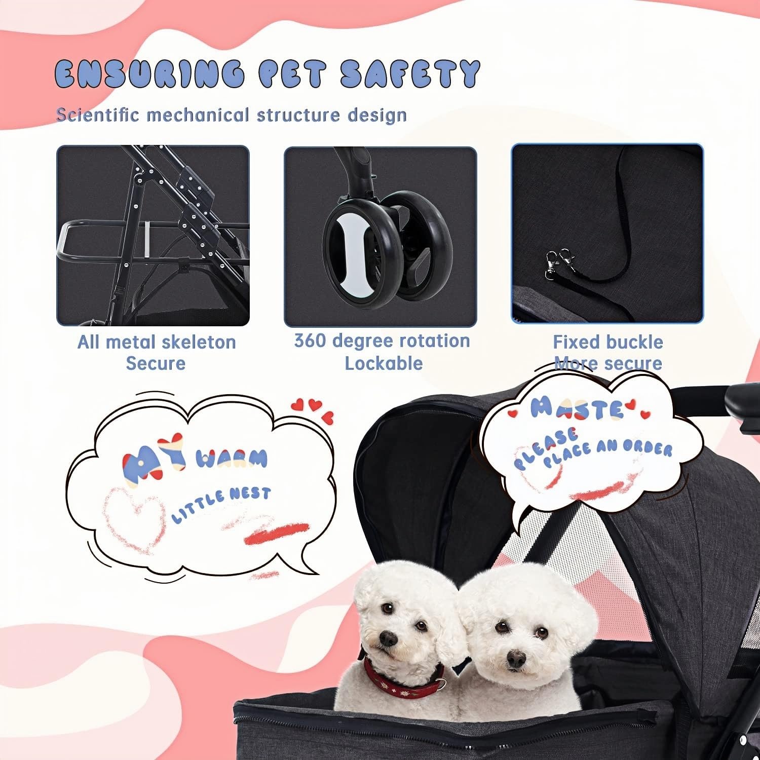 3-in-1 Foldable Pet Stroller Multifunction Dog Stroller 4 Wheel with Detachable Basket For 20Kg Pets