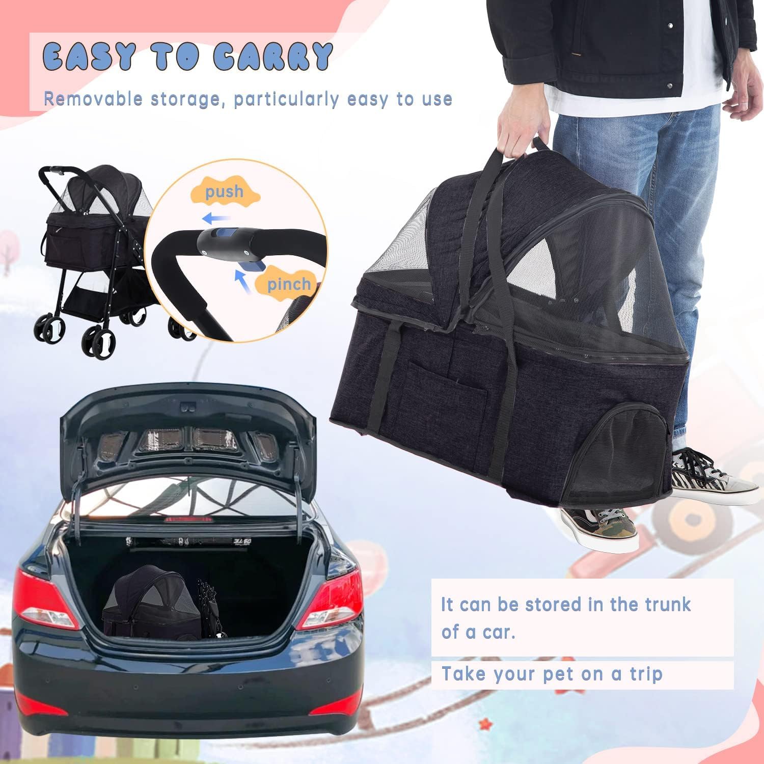 3-in-1 Foldable Pet Stroller Multifunction Dog Stroller 4 Wheel with Detachable Basket For 20Kg Pets