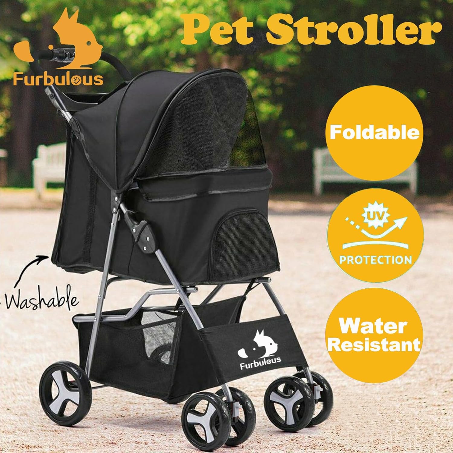 Foldable Cat Dog Pet Stroller 360° Front Wheel Rear Wheel Brake with Underneath Storage