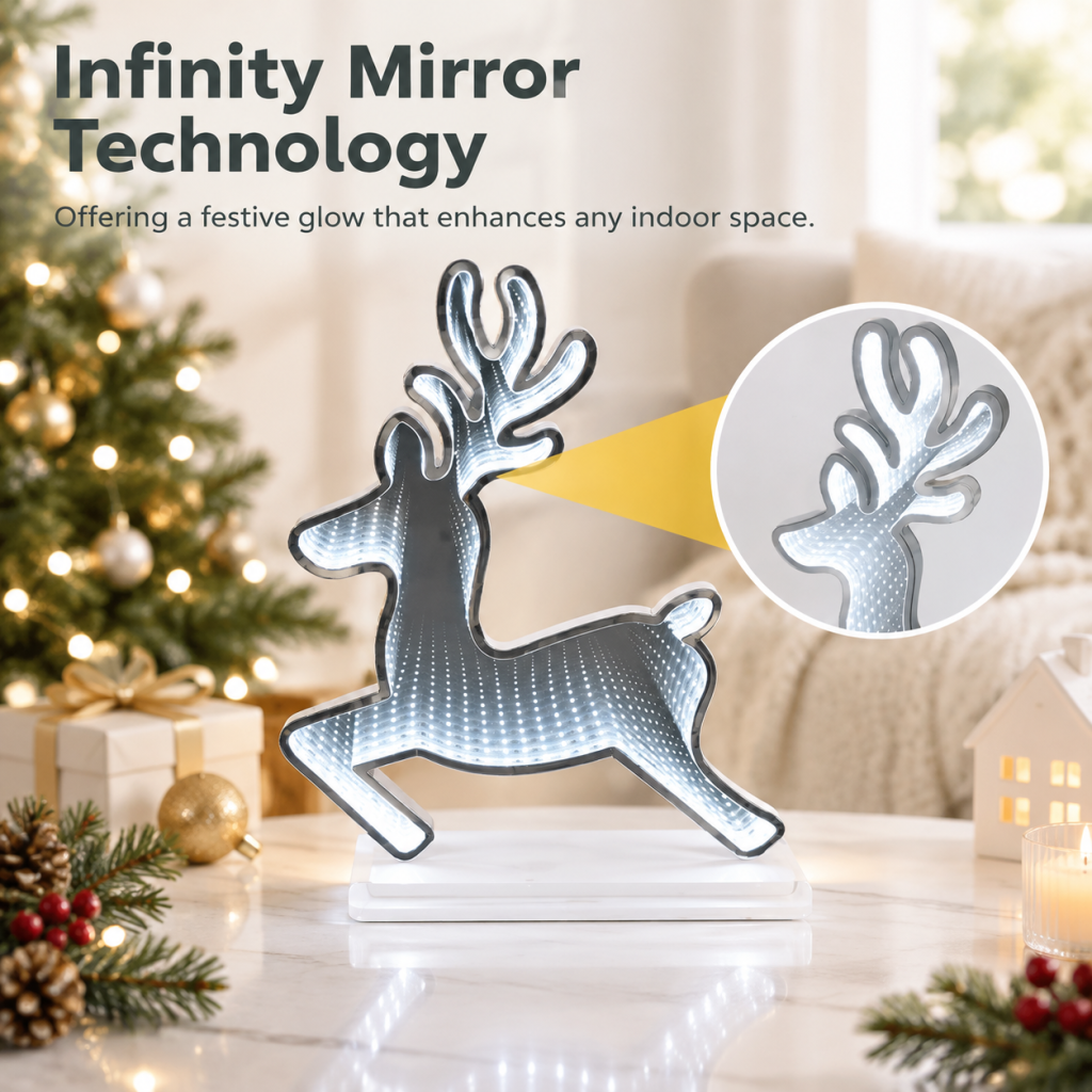 50cm LED Infinity Mirror Standing Reindeer with Base Christmas Light Decoration