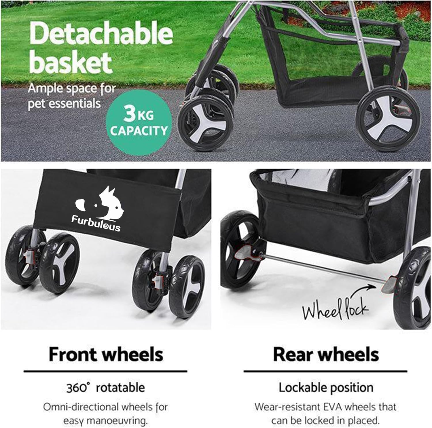 Foldable Cat Dog Pet Stroller 360° Front Wheel Rear Wheel Brake with Underneath Storage
