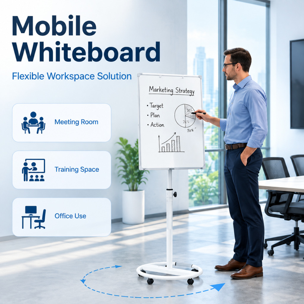 Magnetic Whiteboard Stand Rolling Round Base Adjustable Height Office Classroom