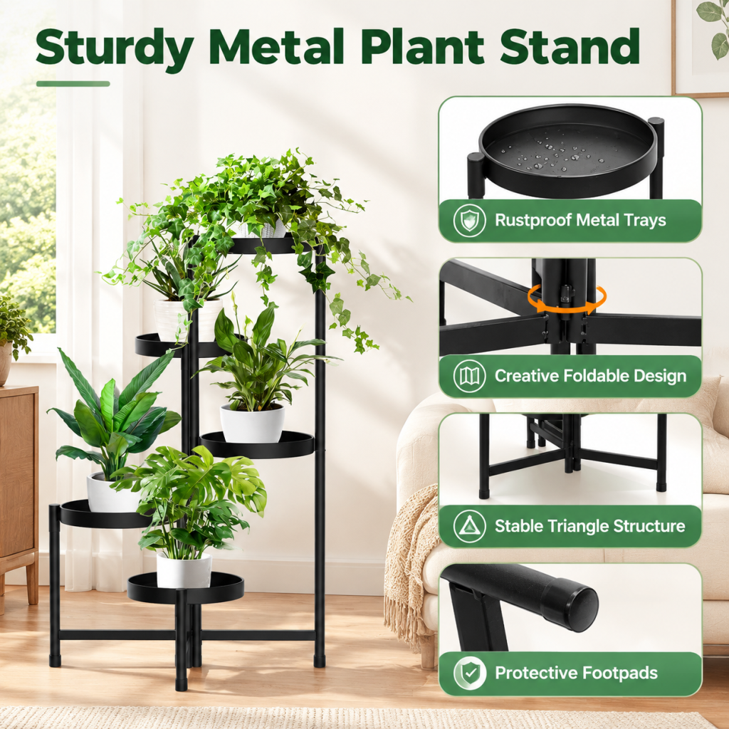 5 Tier Metal Plant Stand Foldable Shelf Flower Pot Holder Garden Balcony Outdoor