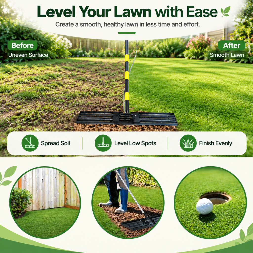 Industry Lawn Leveling Rake 76 x 26cm Adjustable Handle Garden Yard Soil Leveler