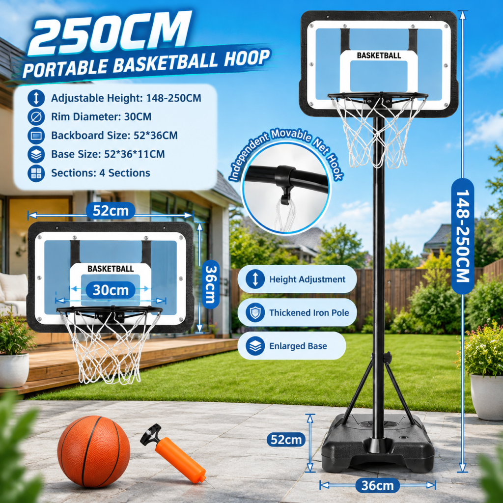 2-2.5M Basketball Stand System Hoop Net Ring Portable Base Height Adjustable Kid