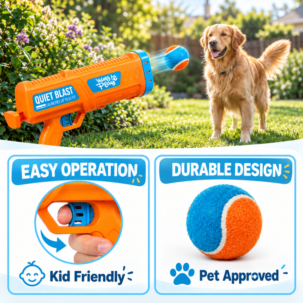 Dog Ball Launcher Blaster Shooter Gun Thrower Puppy Pet Toy Play Tennis Fetch AU