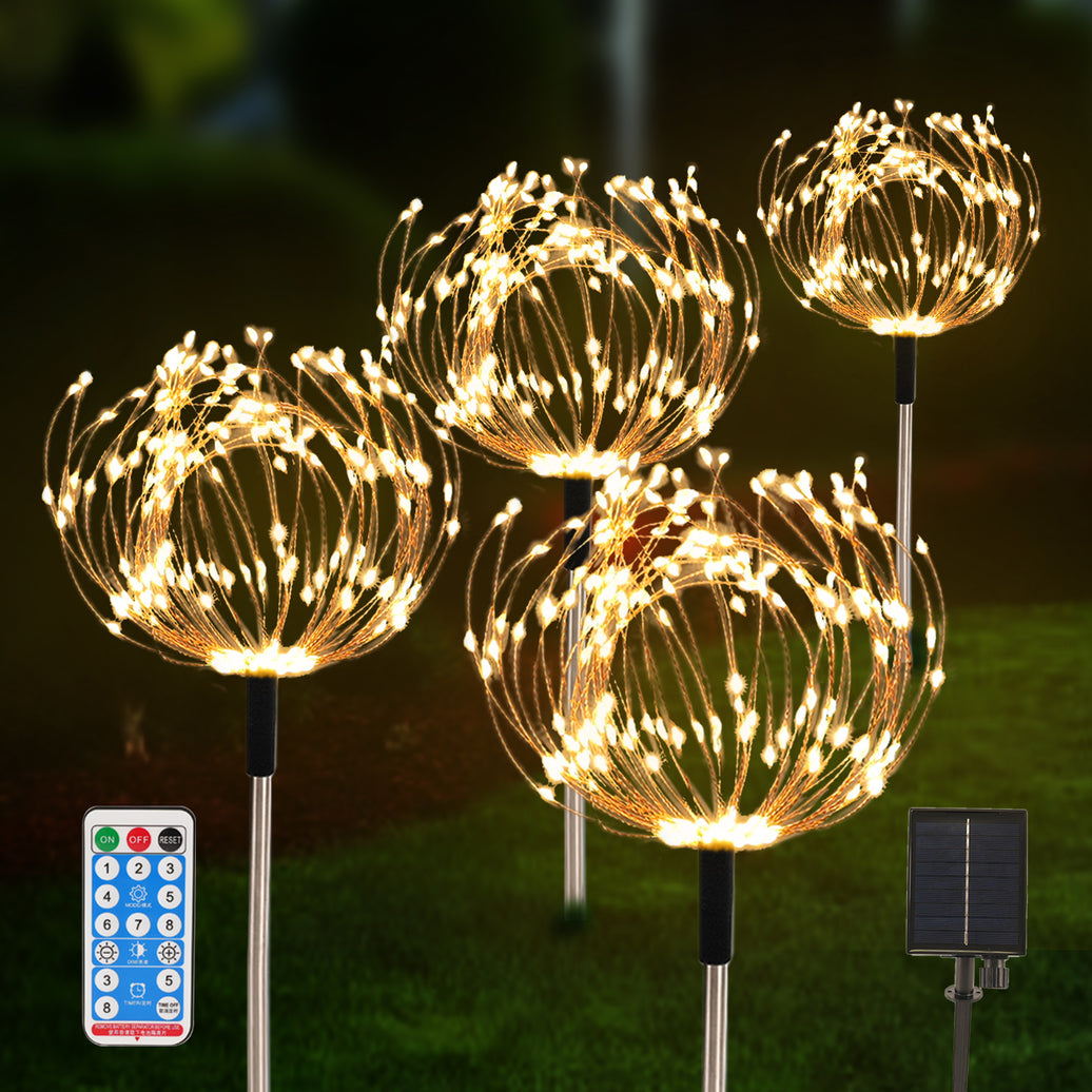 Waterproof Solar Garden Lights, 4 Pack 120 LED Solar Firework Lights Décor for Flowerbed Pathway Party Christmas Decorations