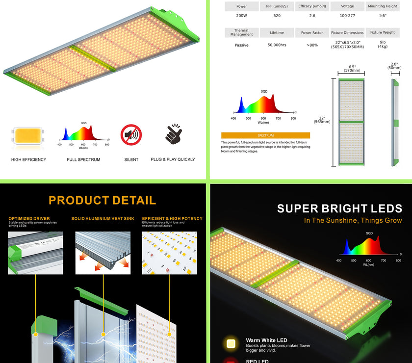 GR 200W LED Grow Light Sunlike Full-Spectrum Efficiency Fit All Stages Plant (Rectangle Shape)