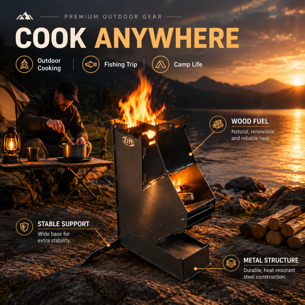 Rocket Stove Portable Wood Fire Burning Outdoor Camping Backyard Cooking BBQ