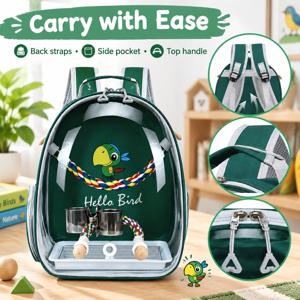 Portable Bird Carrier Cage Backpack Travel Parrot Bag Outdoor Clear Ventilated