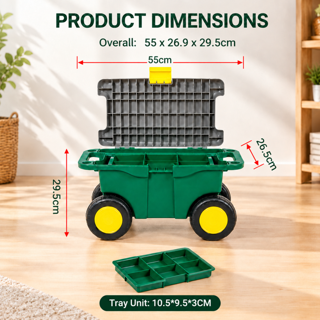 Garden Tool Storage Cart Rolling Gardening Seat Box Wheels 3-In-1 Green