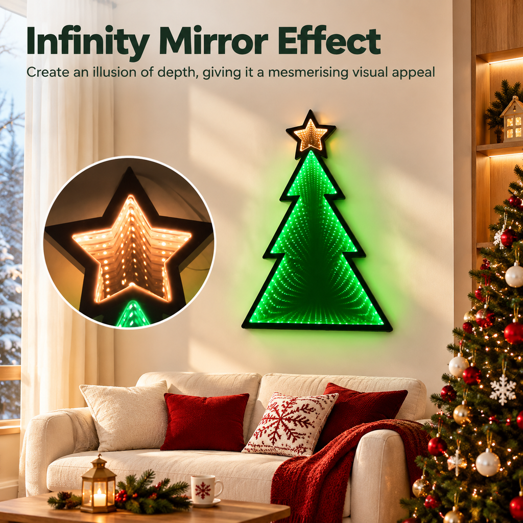 Infinity LED Mirror Light Christmas Tree 48cm Illuminated Display 3D Decoration
