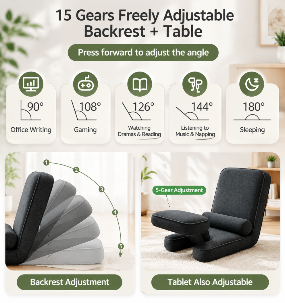 Adjustable Floor Gaming Sofa Single Lazy Tatami Chair with Laptop Stand Foldable