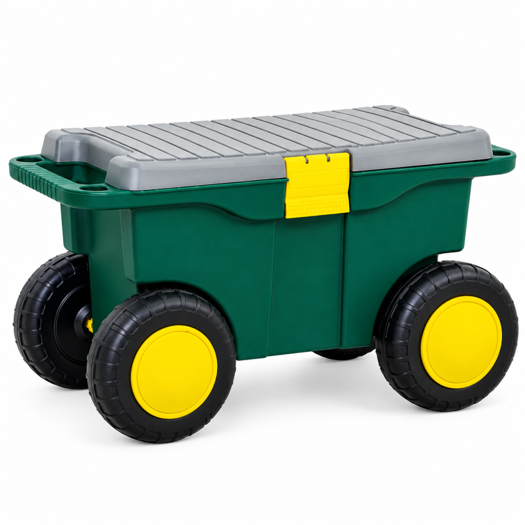 Garden Tool Storage Cart Rolling Gardening Seat Box Wheels 3-In-1 Green
