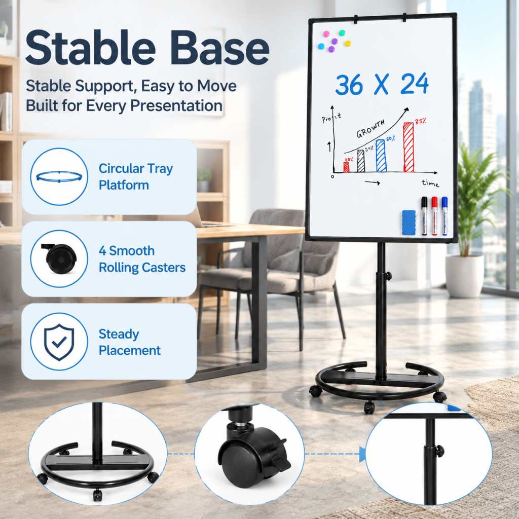 Magnetic Whiteboard Stand Rolling Round Base Adjustable Height Office Classroom