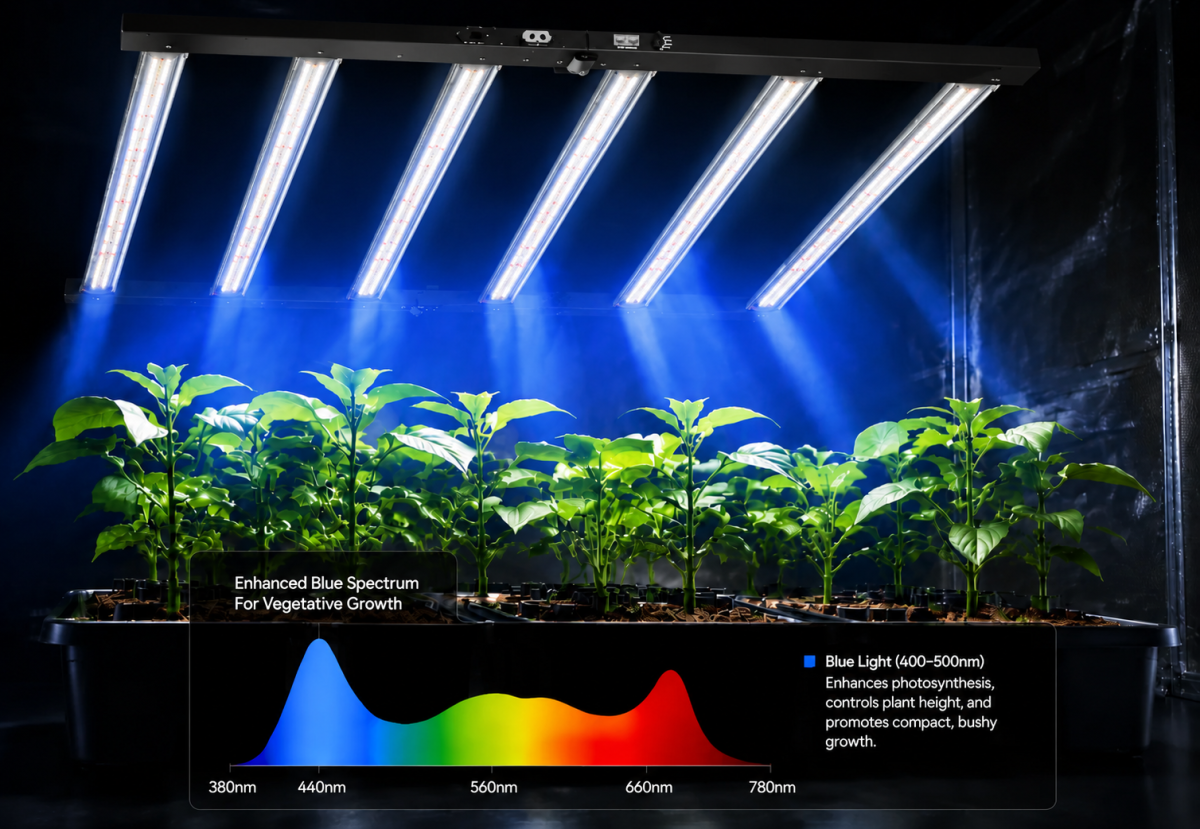 Blue Light
Promotes strong vegetative growth.
