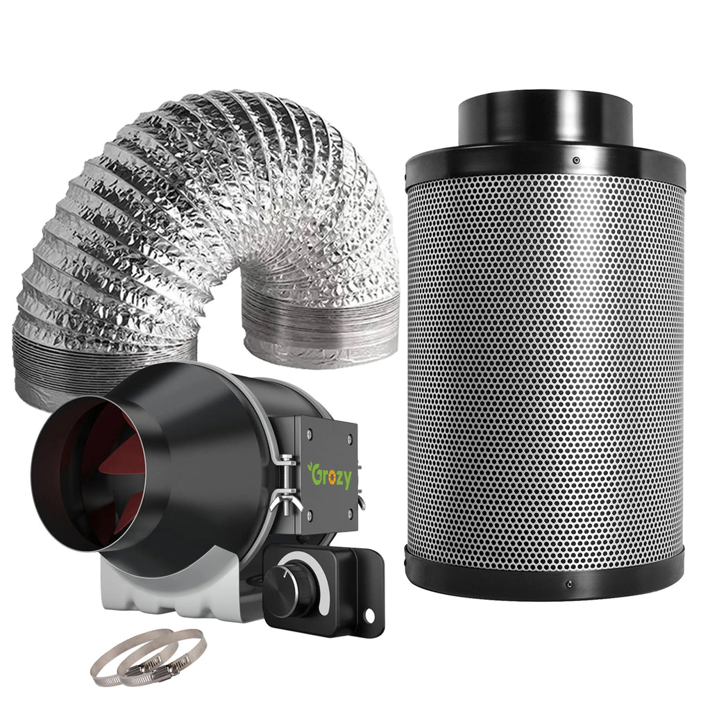 GROZY 4"/100mm Inline Duct Fan with Speed Control Carbon Filter Ventilation Kit
