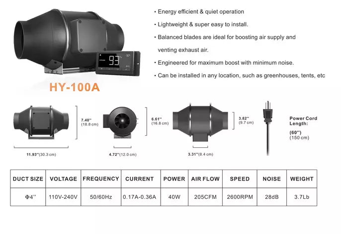 GROZY 4 inch / 100mm Intelligent Inline Fan with THC Controller for Grow Tent Ventilation