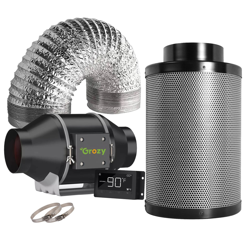 GROZY 4"/100mm Intelligent Inline Fan with THC Controller 4 inch Ducting Carbon Filter Ventilation Kits