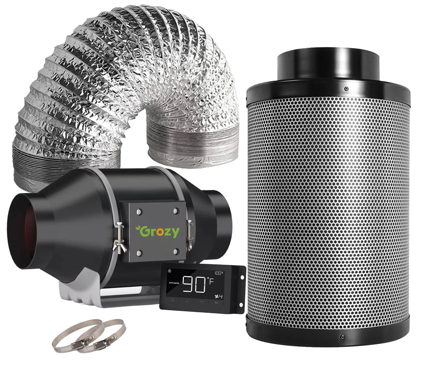 GROZY 4"/100mm Intelligent Inline Fan with THC Controller 4 inch Ducting Carbon Filter Ventilation Kits