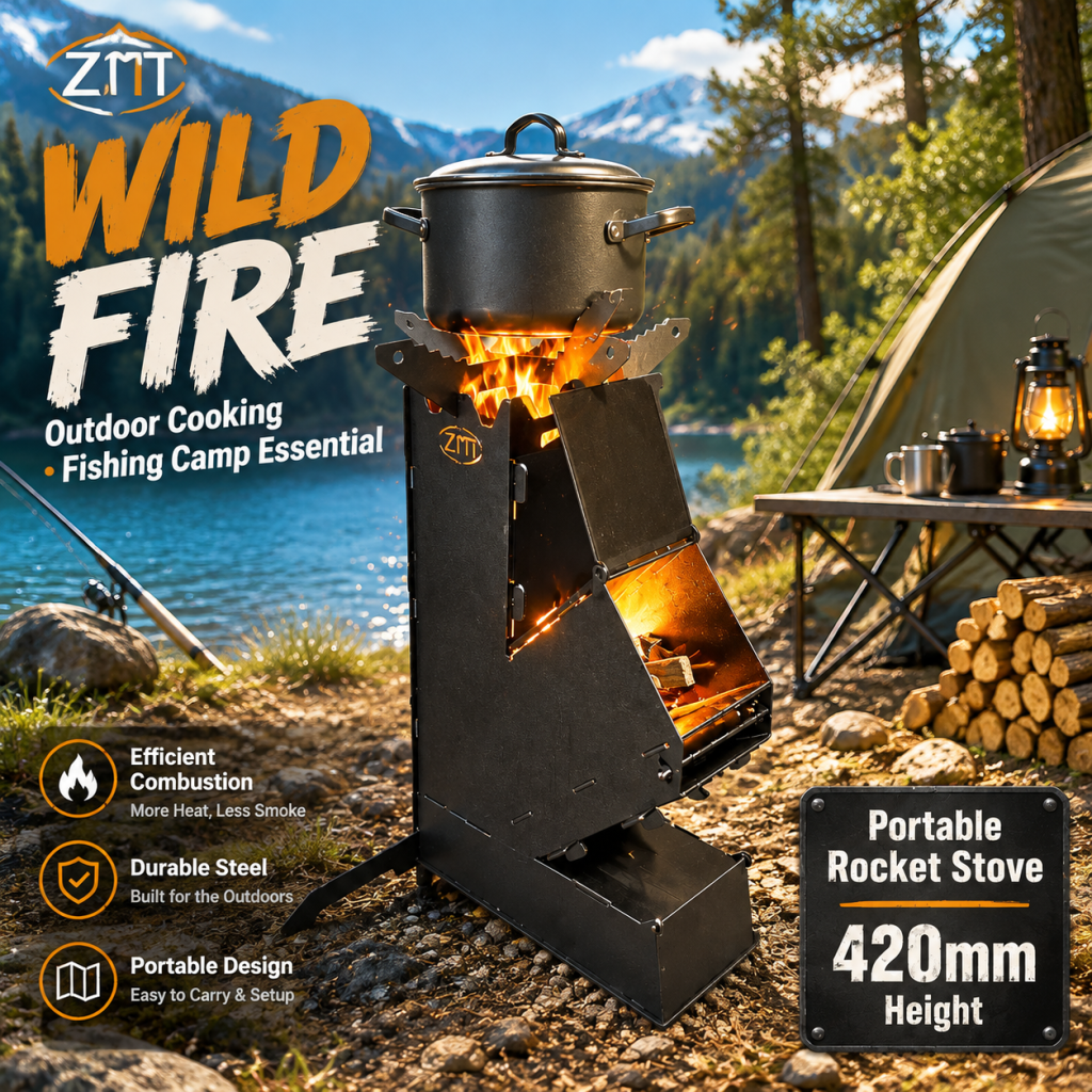 Rocket Stove Portable Wood Fire Burning Outdoor Camping Backyard Cooking BBQ