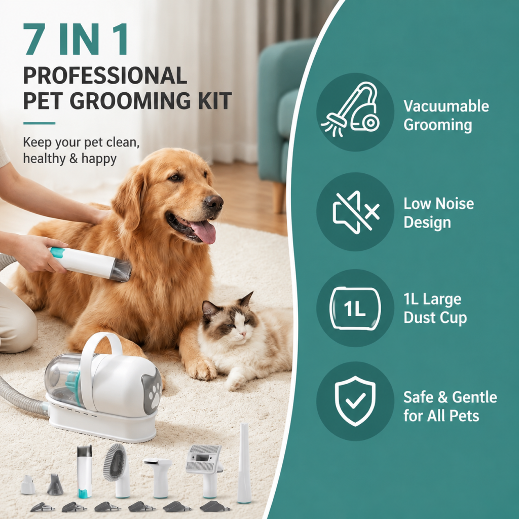 7 IN 1 Pet Grooming Kit Vacuum Large Capacity Dryer Nail Trimmer Clipper Tools