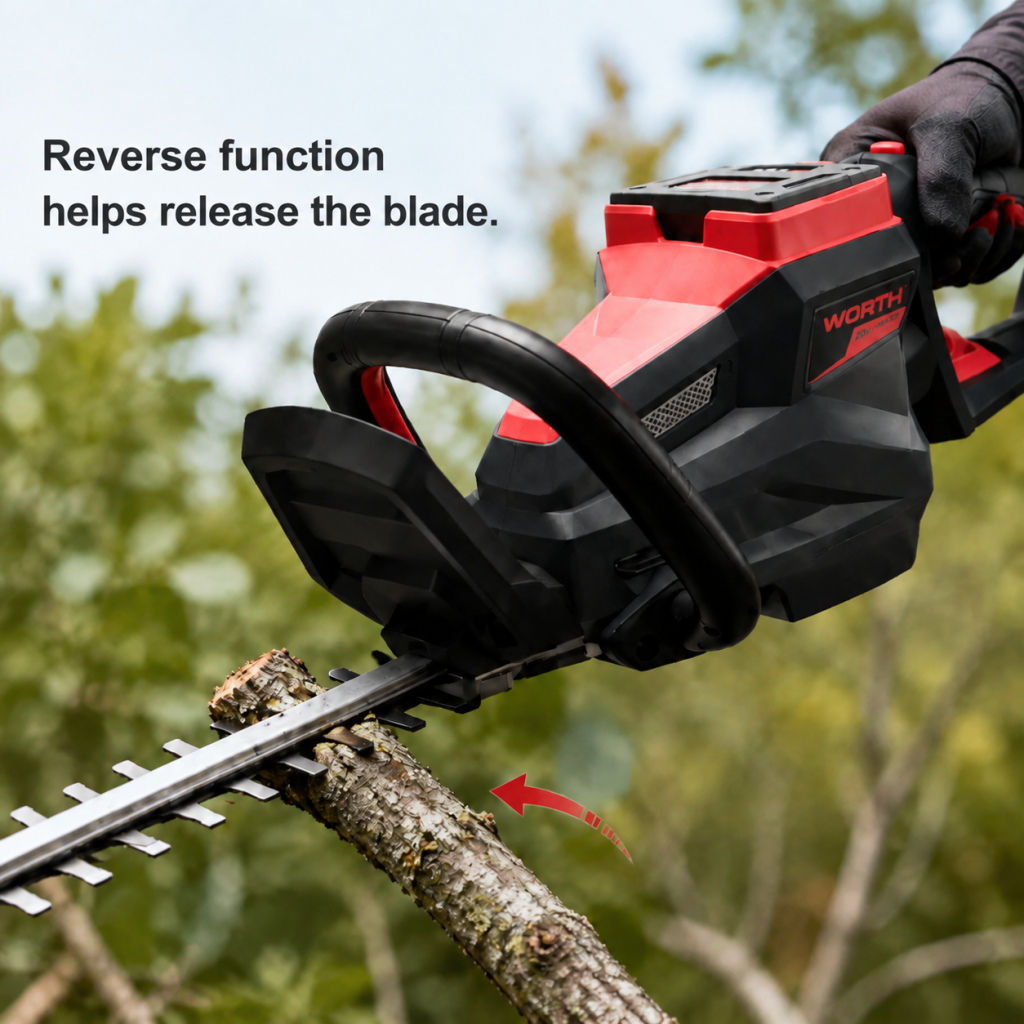 WORTH Brushless Cordless Hedge Trimmer, 24-In Dual-Action Blade, 3/4-In Cutting Capacity, Charger Included, Battery Not Included