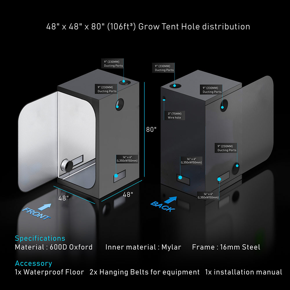 Grow Tent 100% Reflective Hydroponics System Grow Room 120x120x200CM