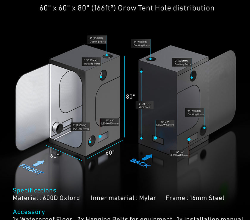 Grow Tent Room for Hydroponics Grow LED Lights Ventilation Kit 150x150x200cm