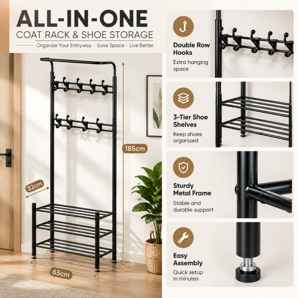 Clothes Rack Standing Airer Coat Stand Metal Hanger Rail Closet Hook Shelf 185cm