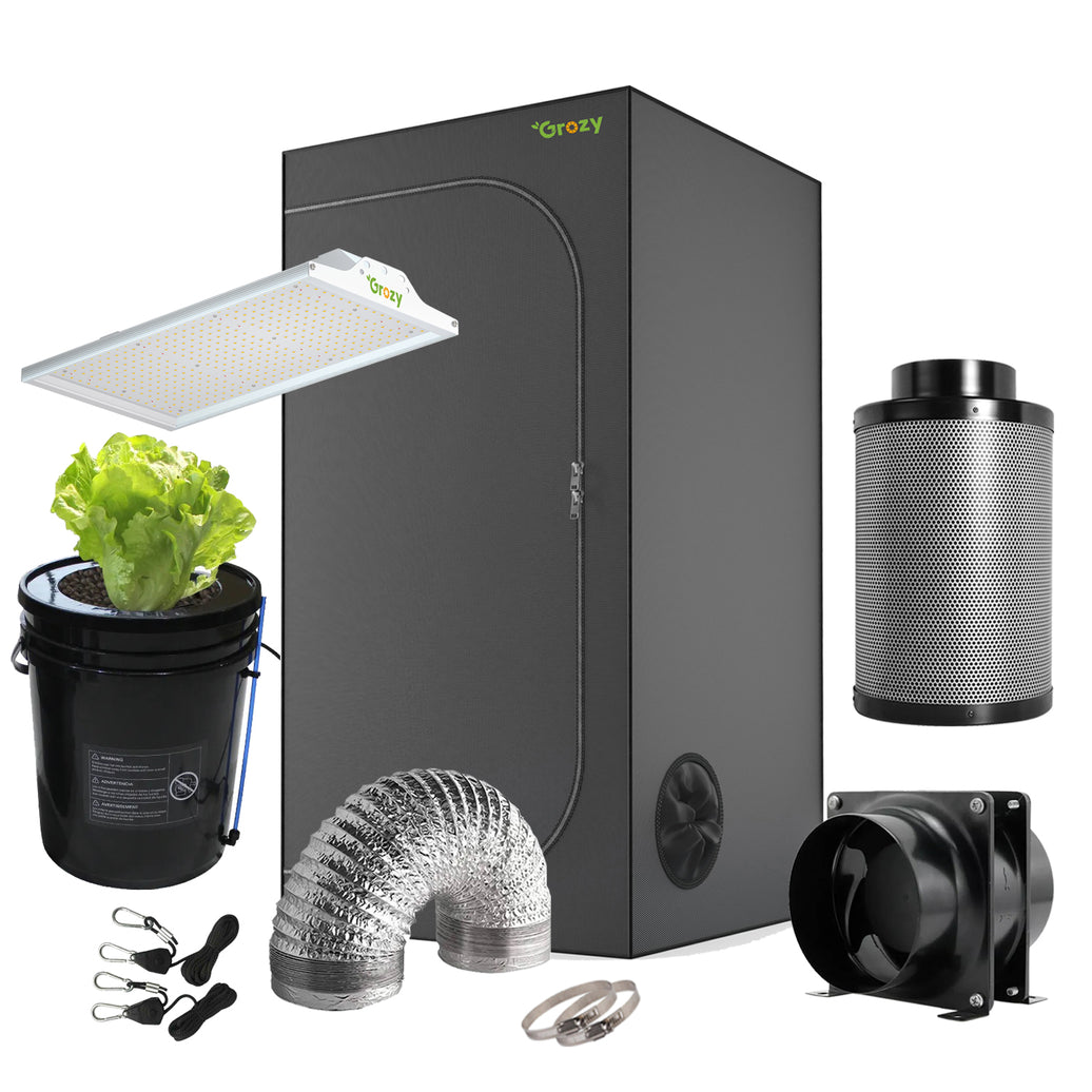 GROZY Model Q 100W LED Grow Light 60x60x140cm Tent 4" Ventilation Kit DWC System Combo