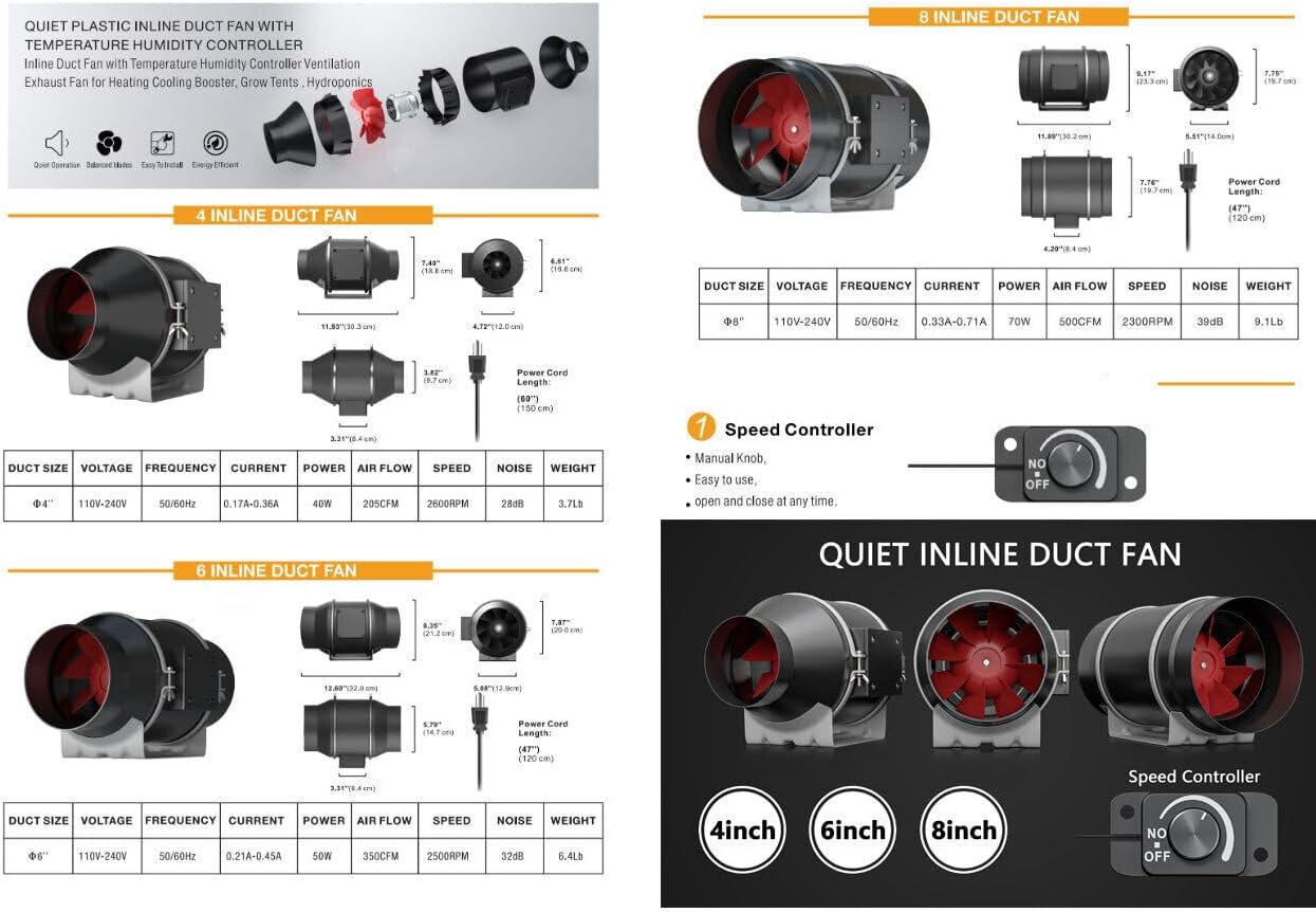 4 Inch Silent Inline Duct Fan with Speed Controller