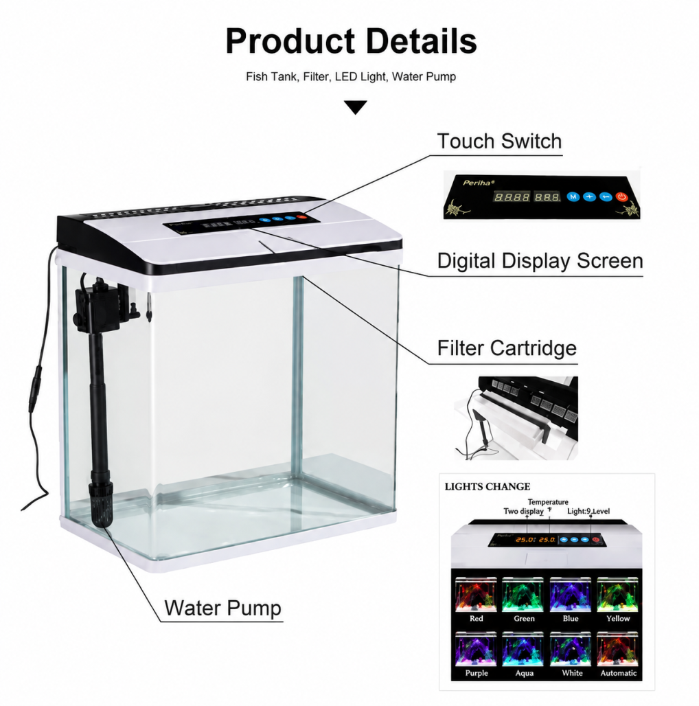 Aquarium 37L Fish Tank LED Light Complete Set Digital Display Touch Control