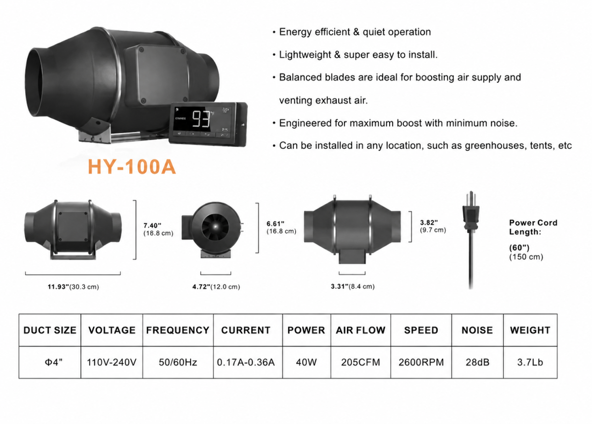 GROZY 4 inch / 100mm Intelligent Inline Fan with THC Controller for Grow Tent Ventilation
