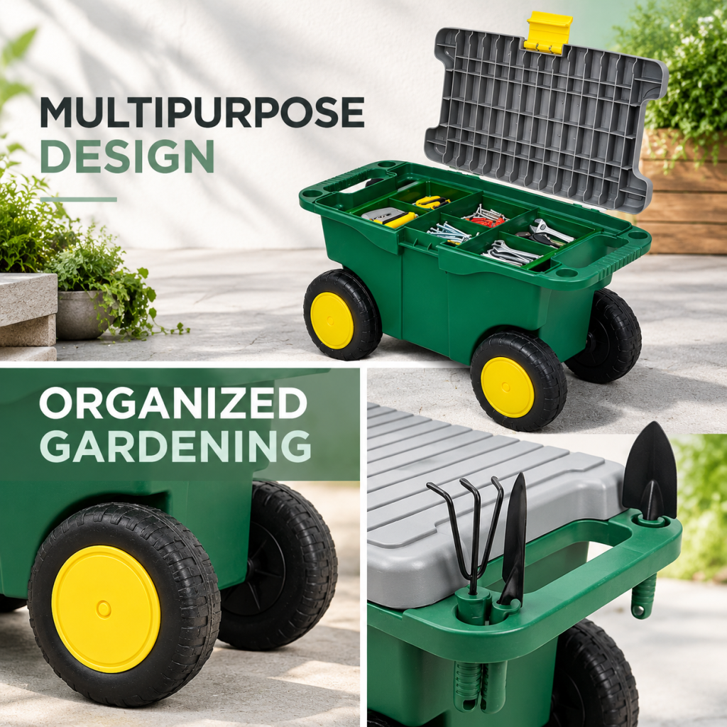 Garden Tool Storage Cart Rolling Gardening Seat Box Wheels 3-In-1 Green