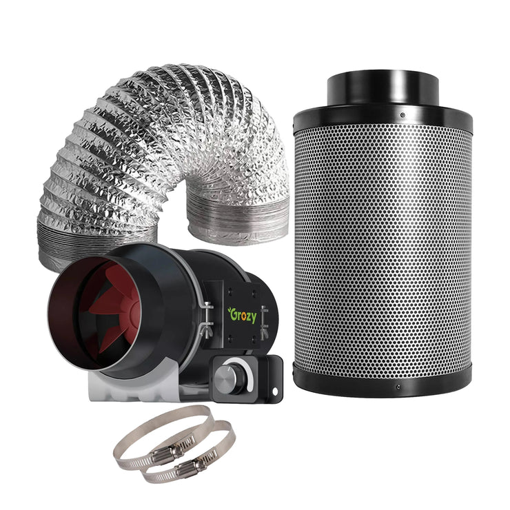 GROZY 6"/150mm Quiet Inline Fan with Speed Controller Carbon Filter Ducting Kit