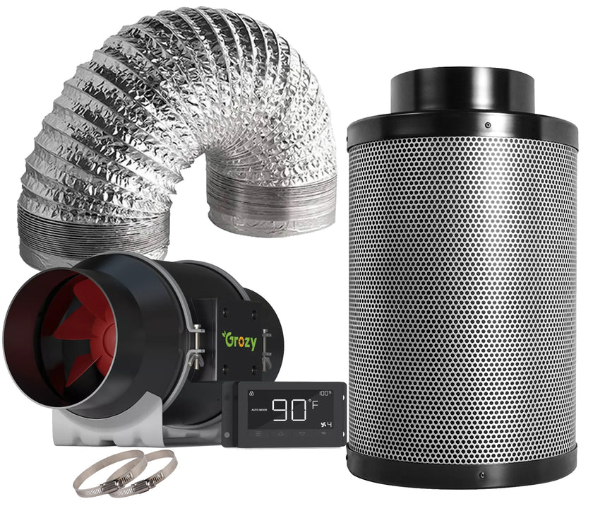 GROZY 6"/150mm Inline Fan with Touch Screen THC Controller Carbon Filter Duct Ventilation Kit