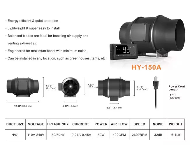 GROZY 6 inch / 150mm Intelligent Inline Fan with THC Controller Ventilation Exhaust Fan for Hydroponics Grow Tents