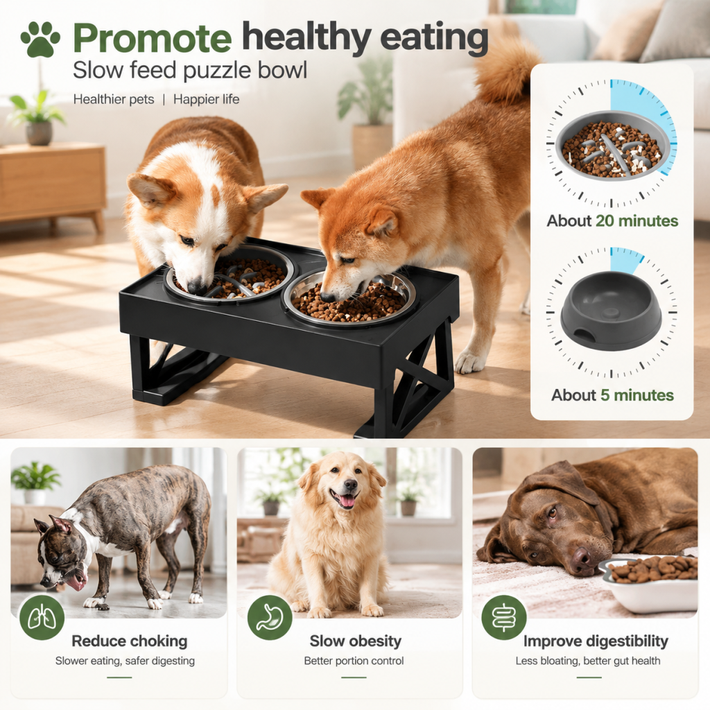 Elevated Pet Feeder Dog Cat Stand Stainless Steel Bowls Adjustable Height Base