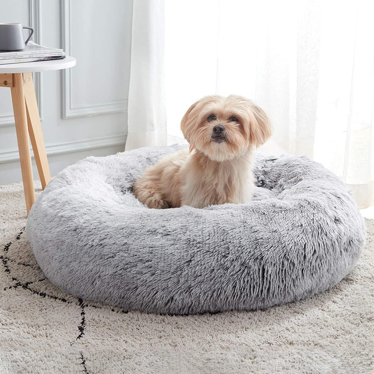 Dog Cat Pet Calming Bed Warm Soft Plush Round Nest Comfy Sleeping Kennel Cushion