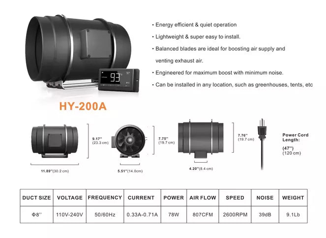 GROZY 8 inch / 200mm Intelligent Inline Fan with THC Controller Ventilation Exhaust Fan Ideal for Indoor Heating Cooling Transfer