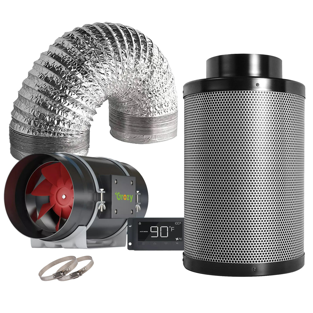 GROZY 8"/200mm inch Ventilation Inline Fan Temp & Humidity Control Carbon Filter Kit