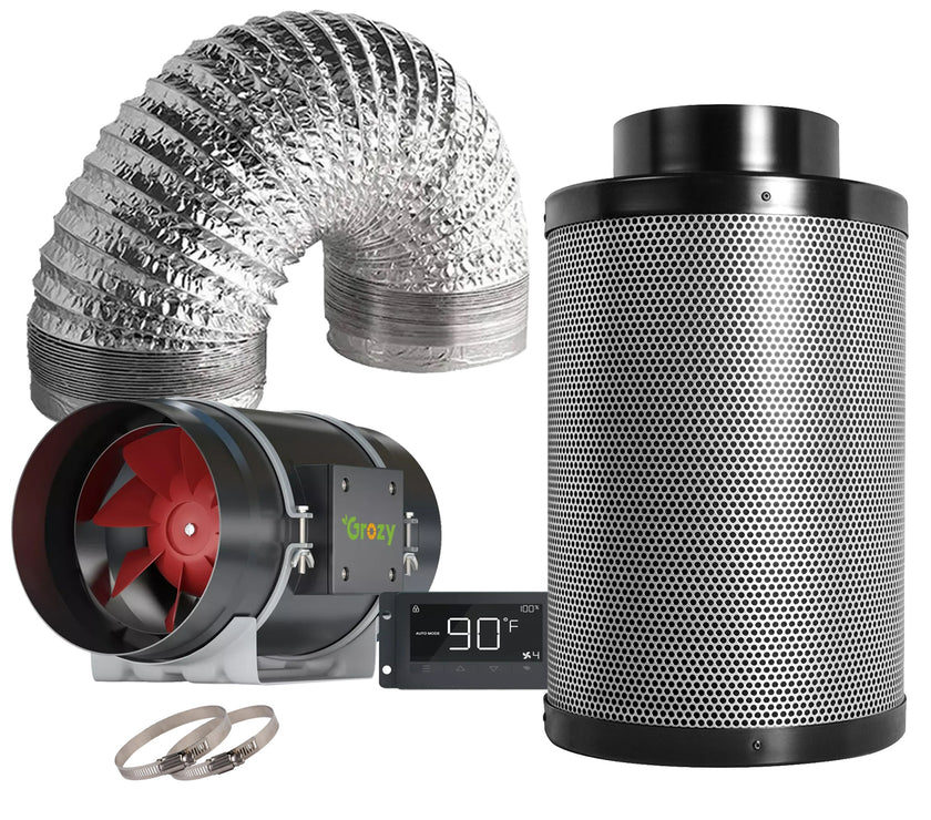 GROZY 8"/200mm inch Ventilation Inline Fan Temp & Humidity Control Carbon Filter Kit