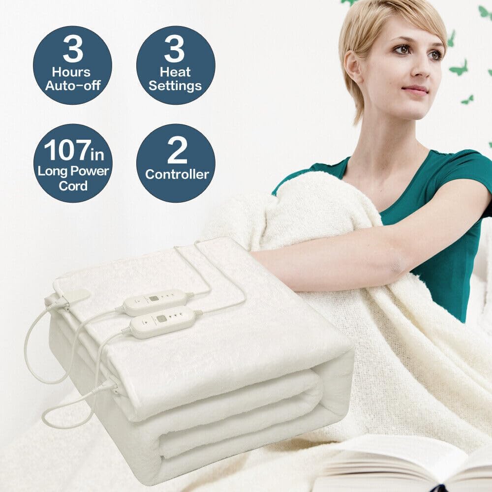 GROZY White Electric Blanket Double Sides Fleece Warm Soft Heated Under Pad Fully Fitted, Overheat Protection Adjustable 3 Heat Settings Detachable Controller Single Double Queen