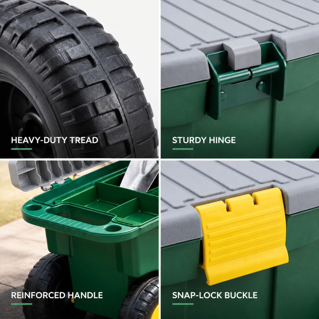 Garden Tool Storage Cart Rolling Gardening Seat Box Wheels 3-In-1 Green