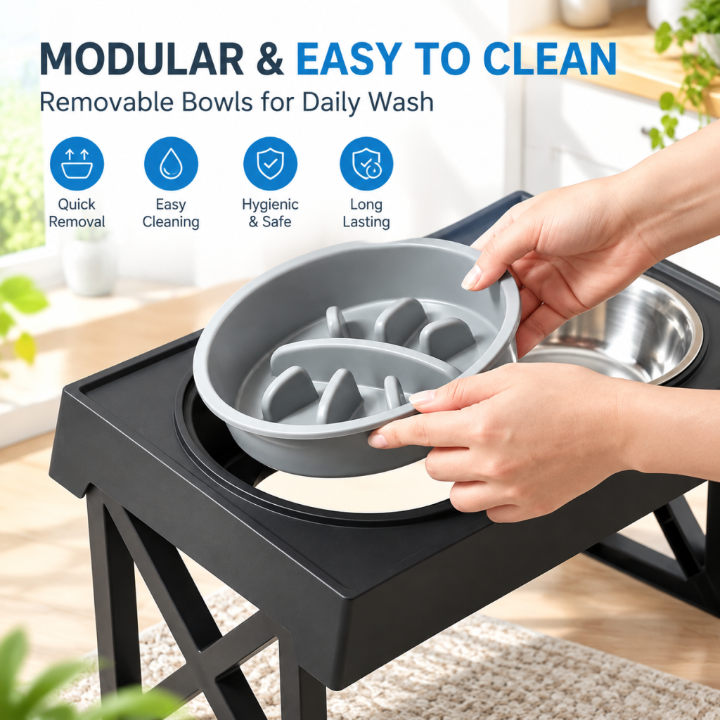 Elevated Pet Feeder Dog Cat Stand Stainless Steel Bowls Adjustable Height Base